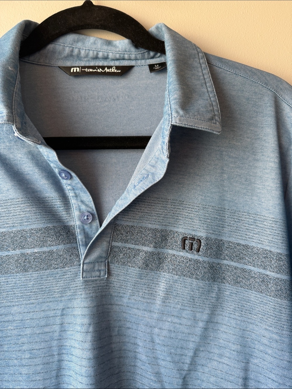 Travis Mathew Blue Striped Polo with Chest Logo and back name size M